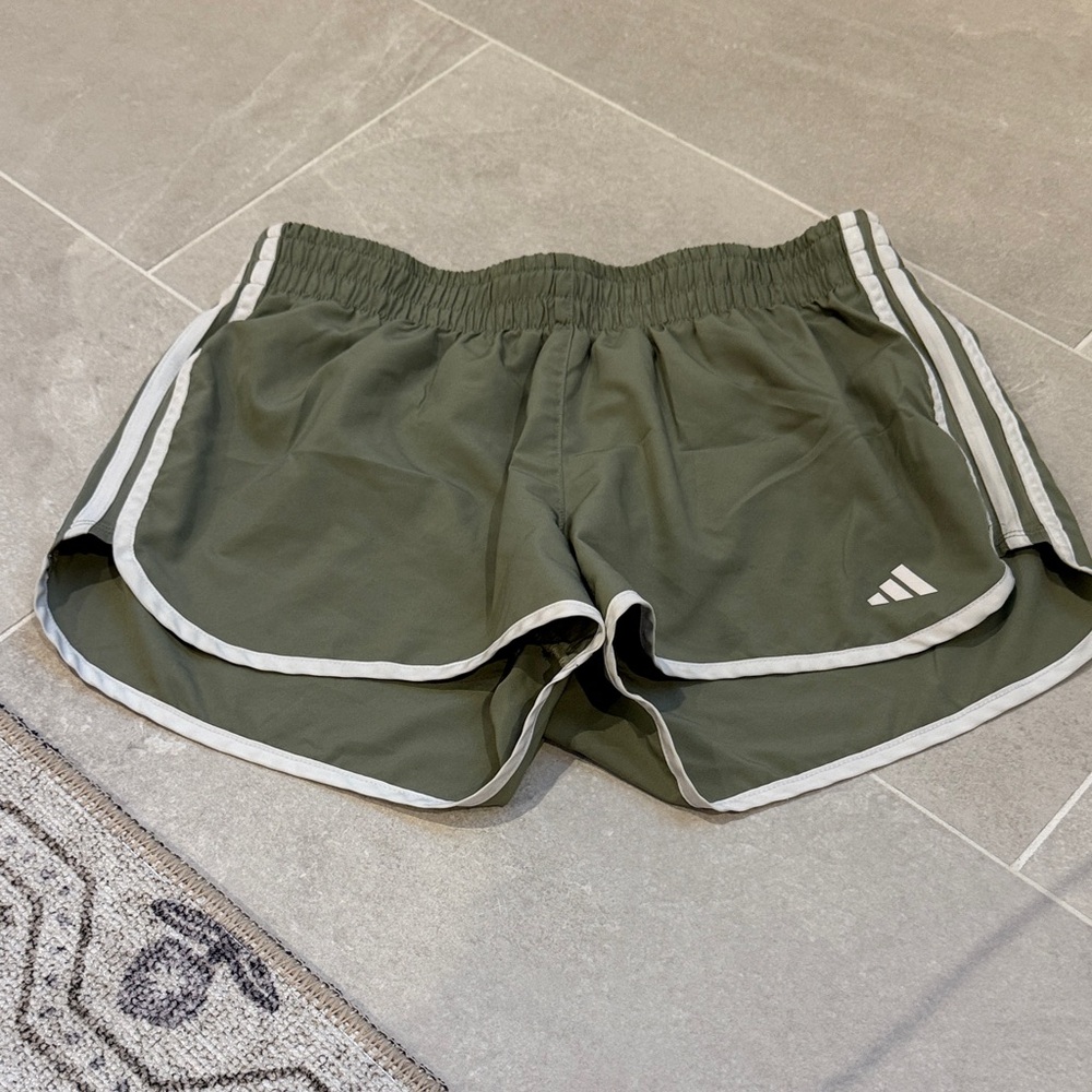 Adidas Women's Olive Green Shorts with White Trim 3”